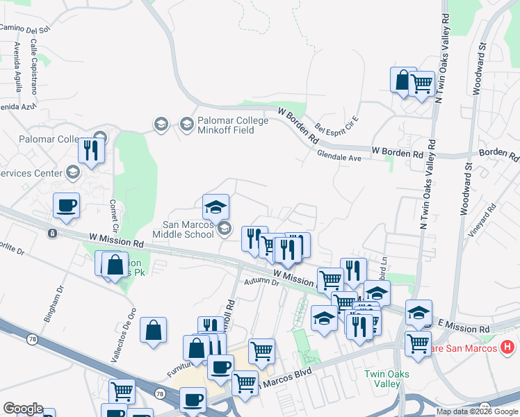 map of restaurants, bars, coffee shops, grocery stores, and more near 551 Dundee Lane in San Marcos