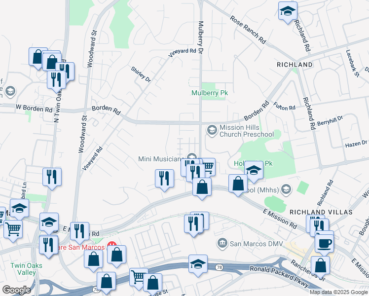 map of restaurants, bars, coffee shops, grocery stores, and more near 560 Moonlight drive in San Marcos
