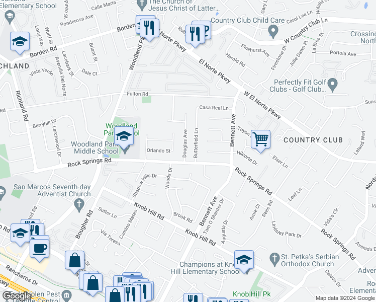 map of restaurants, bars, coffee shops, grocery stores, and more near 631 Douglas Avenue in San Marcos