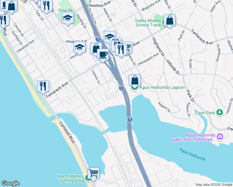 map of restaurants, bars, coffee shops, grocery stores, and more near 832 Kalpati Circle in Carlsbad