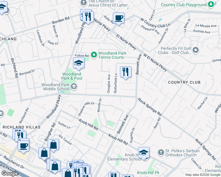map of restaurants, bars, coffee shops, grocery stores, and more near 631 Douglas Avenue in San Marcos