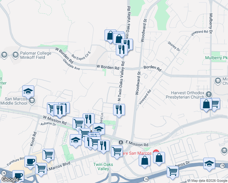 map of restaurants, bars, coffee shops, grocery stores, and more near 583 Charlotte Drive in San Marcos