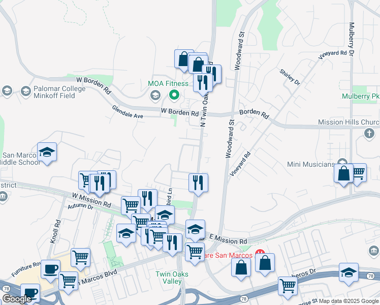map of restaurants, bars, coffee shops, grocery stores, and more near 568 Carrie Circle in San Marcos