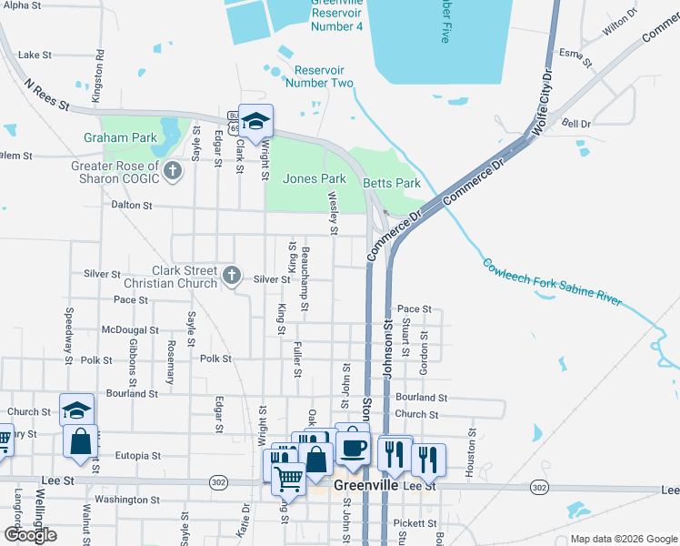 map of restaurants, bars, coffee shops, grocery stores, and more near 1224 Saint John Street in Greenville