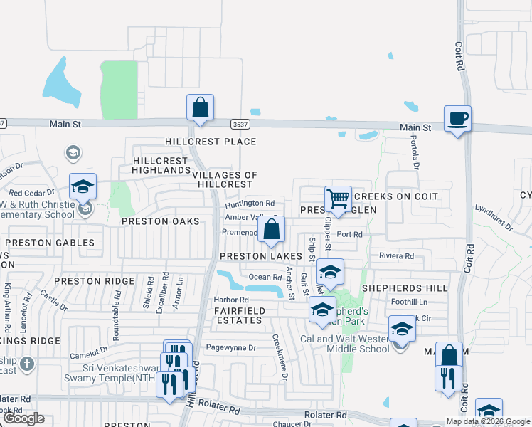 map of restaurants, bars, coffee shops, grocery stores, and more near 11401 Huntington Road in Frisco
