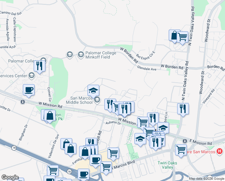map of restaurants, bars, coffee shops, grocery stores, and more near 551 Dundee Lane in San Marcos