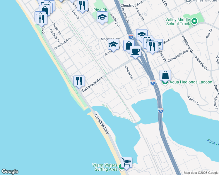 map of restaurants, bars, coffee shops, grocery stores, and more near 364 Chinquapin Avenue in Carlsbad