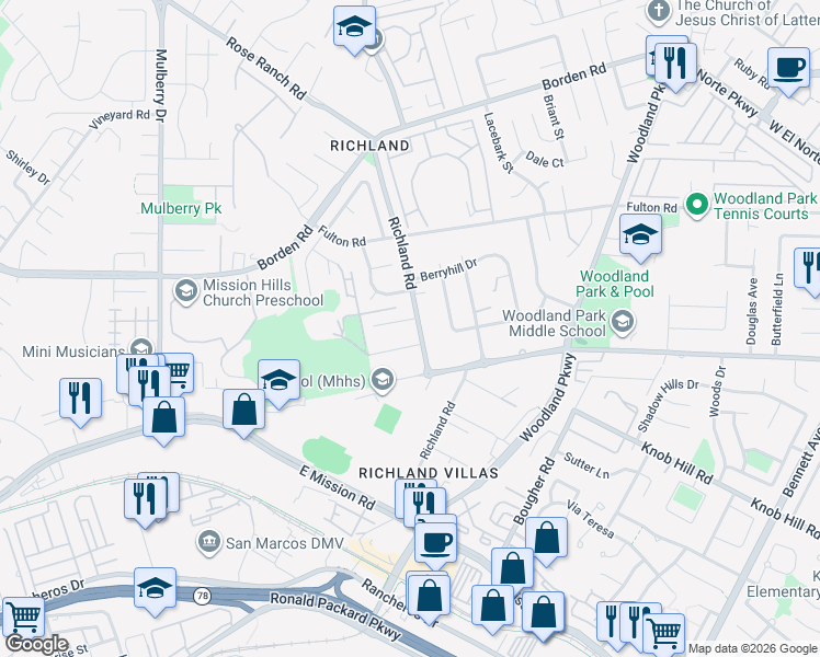 map of restaurants, bars, coffee shops, grocery stores, and more near 558 Richland Road in San Marcos