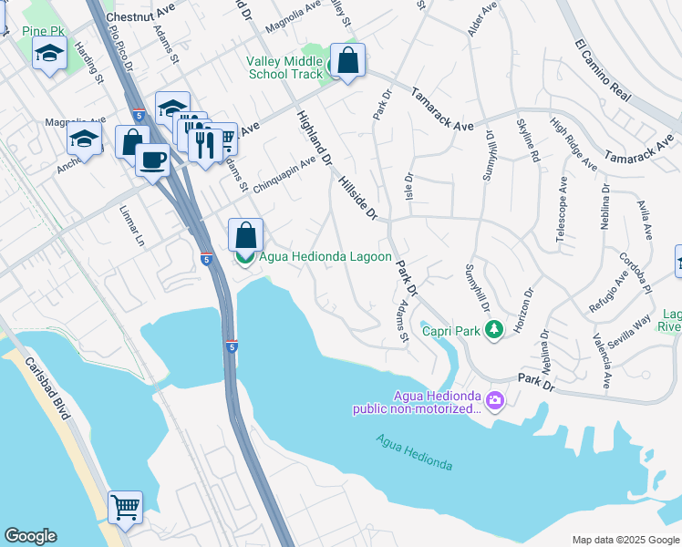 map of restaurants, bars, coffee shops, grocery stores, and more near 4367 Highland Drive in Carlsbad