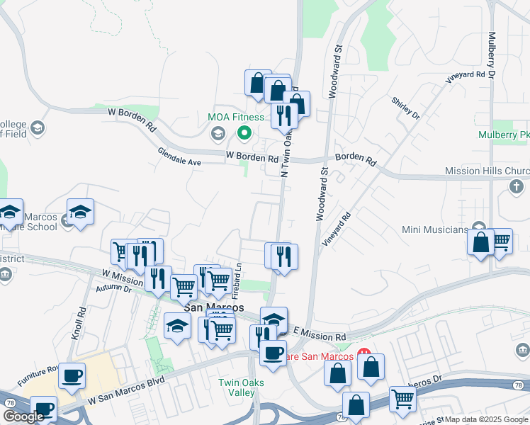 map of restaurants, bars, coffee shops, grocery stores, and more near 568 Carrie Circle in San Marcos