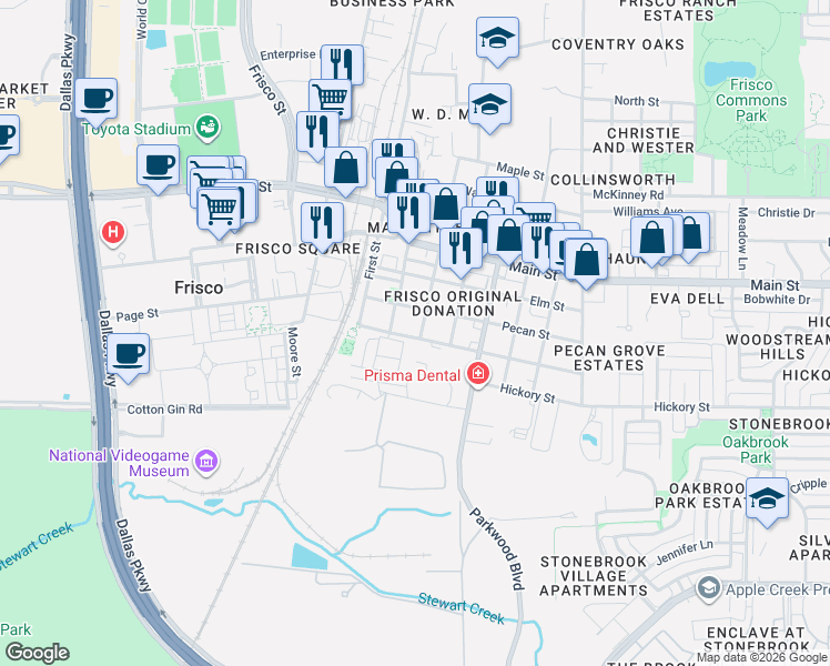 map of restaurants, bars, coffee shops, grocery stores, and more near 6843 Pecan Street in Frisco