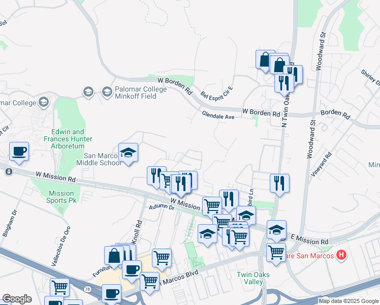 map of restaurants, bars, coffee shops, grocery stores, and more near 659 Canopy Drive in San Marcos