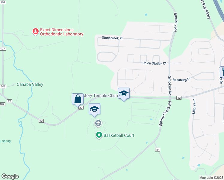 map of restaurants, bars, coffee shops, grocery stores, and more near 9315 County Road 22 in Montevallo