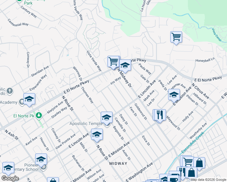 map of restaurants, bars, coffee shops, grocery stores, and more near 1160 Erica Street in Escondido