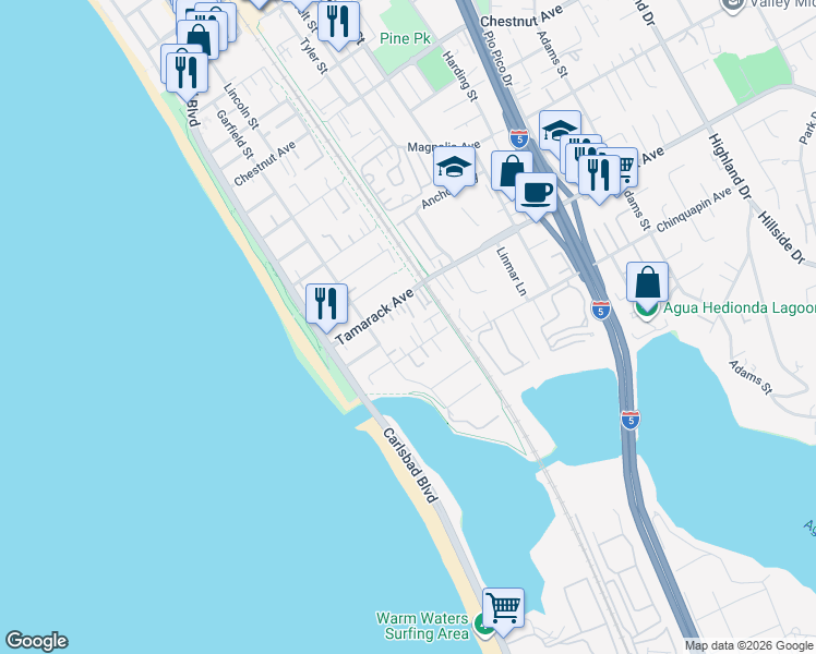 map of restaurants, bars, coffee shops, grocery stores, and more near 293 Tamarack Avenue in Carlsbad