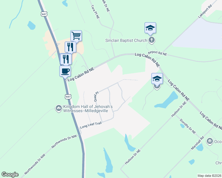 map of restaurants, bars, coffee shops, grocery stores, and more near 133 Quail Place in Milledgeville