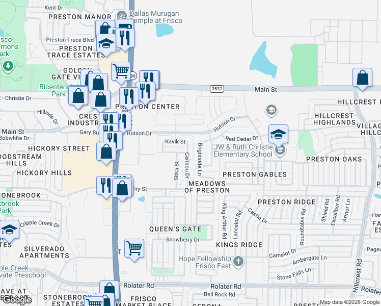 map of restaurants, bars, coffee shops, grocery stores, and more near 8405 Brightside Lane in Frisco