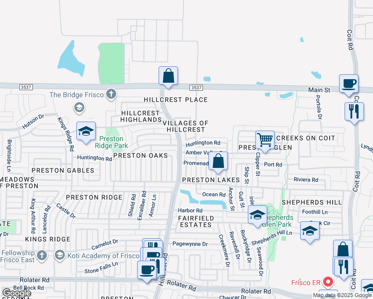 map of restaurants, bars, coffee shops, grocery stores, and more near 11112 Amber Valley Drive in Frisco