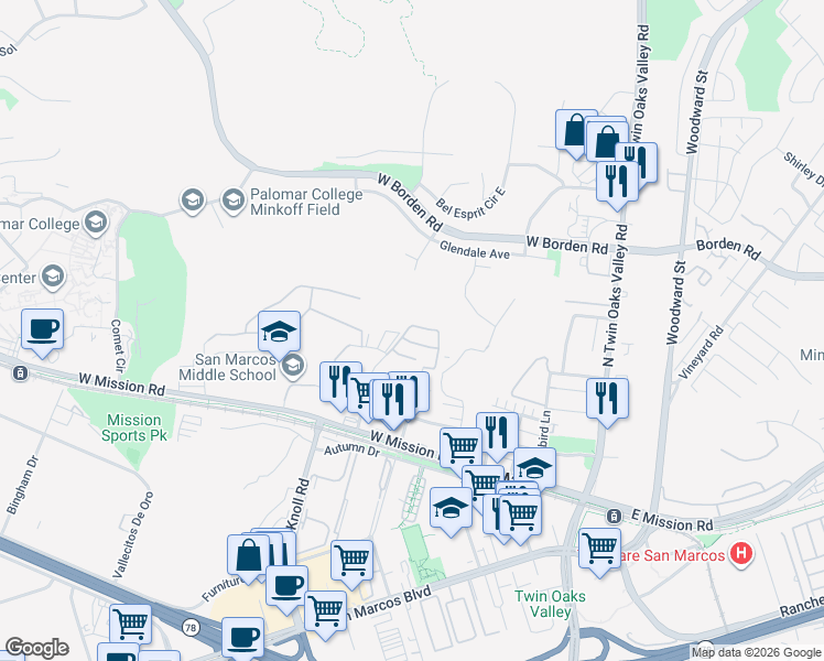 map of restaurants, bars, coffee shops, grocery stores, and more near 659 Canopy Drive in San Marcos