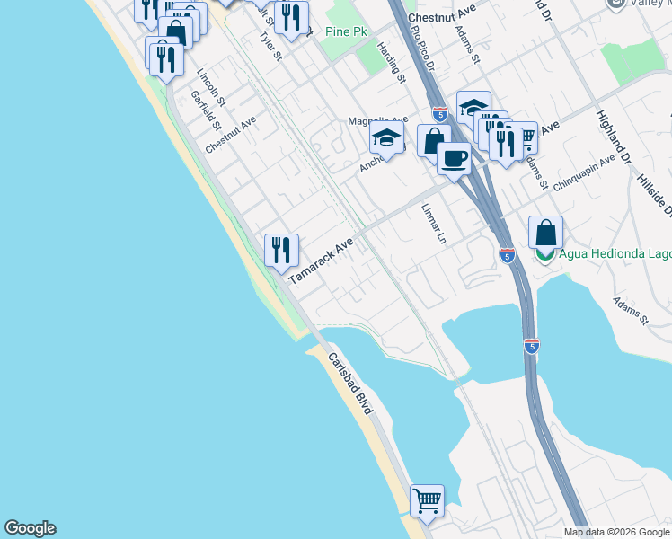 map of restaurants, bars, coffee shops, grocery stores, and more near 253 Tamarack Avenue in Carlsbad