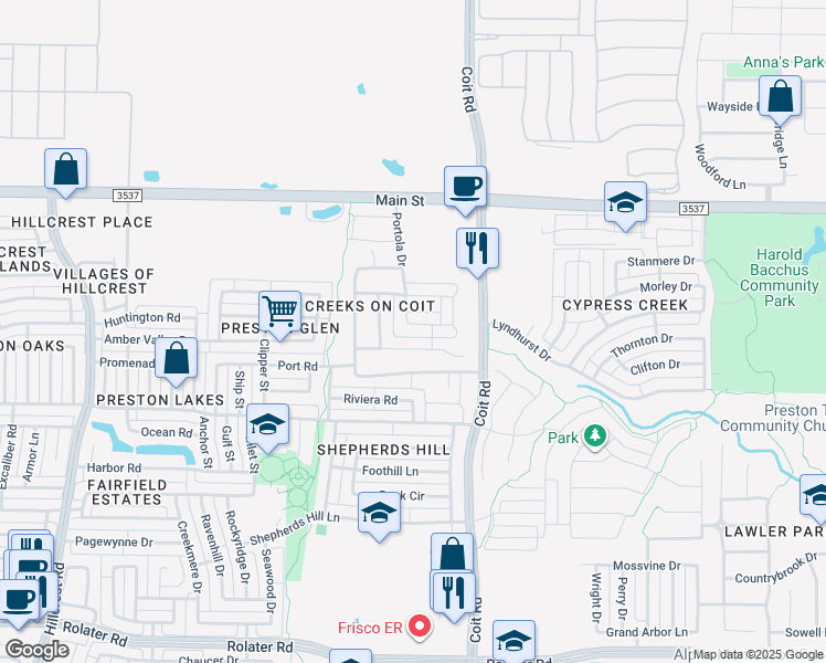 map of restaurants, bars, coffee shops, grocery stores, and more near 8627 Portola Drive in Frisco