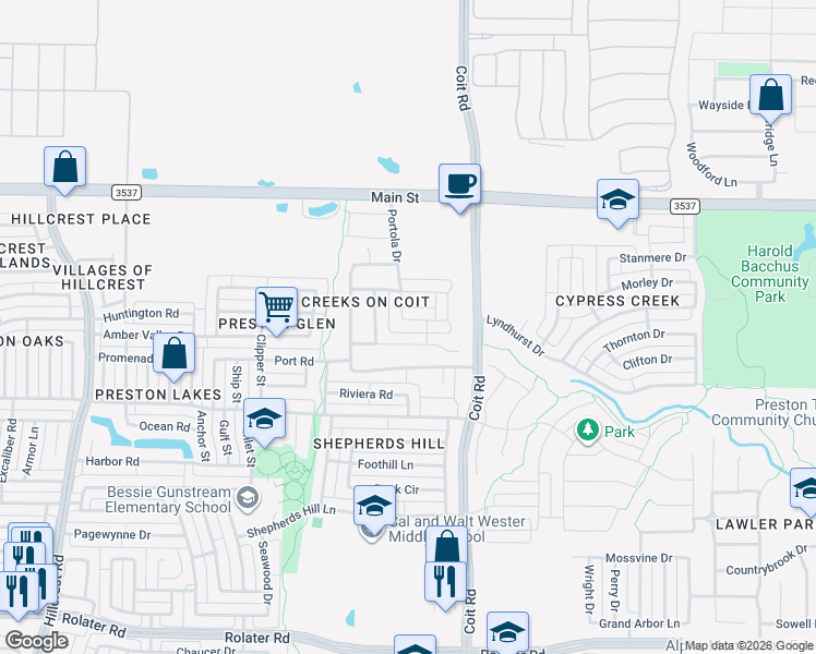 map of restaurants, bars, coffee shops, grocery stores, and more near 8627 Portola Drive in Frisco