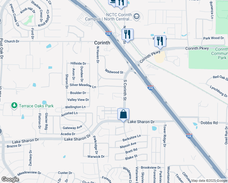 map of restaurants, bars, coffee shops, grocery stores, and more near 2808 Silver Meadow Lane in Corinth