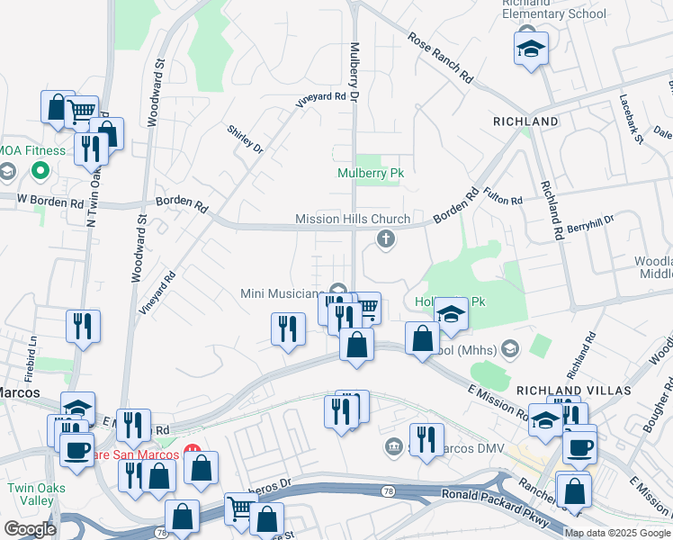 map of restaurants, bars, coffee shops, grocery stores, and more near 479 Prosperity Drive in San Marcos