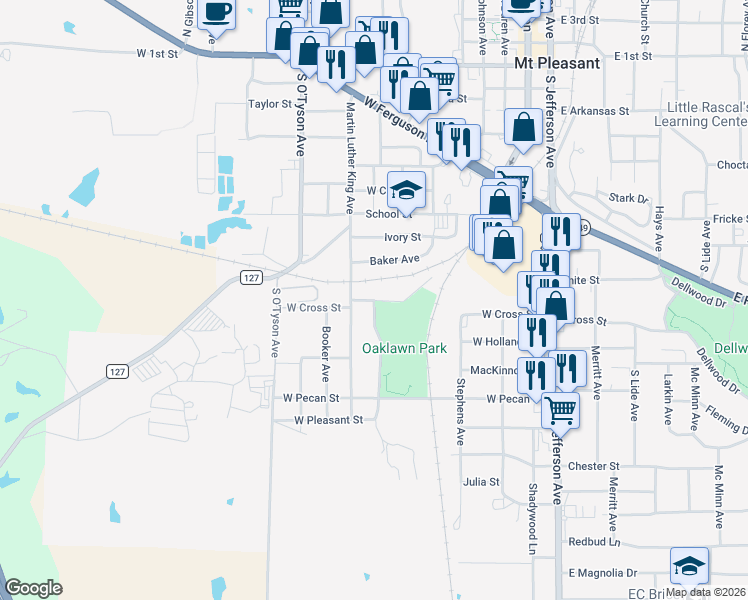 map of restaurants, bars, coffee shops, grocery stores, and more near 806 West Cross Street in Mount Pleasant
