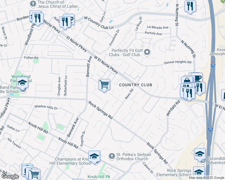 map of restaurants, bars, coffee shops, grocery stores, and more near 1710 Elser Lane in Escondido