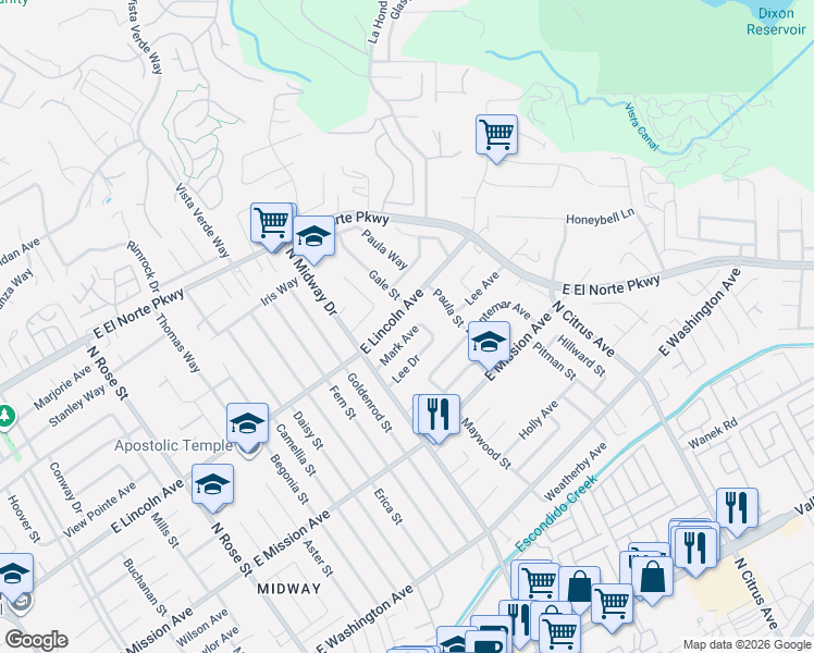 map of restaurants, bars, coffee shops, grocery stores, and more near 2044 Mark Avenue in Escondido