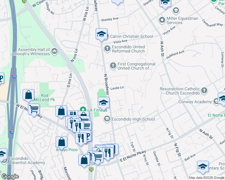 map of restaurants, bars, coffee shops, grocery stores, and more near 121 Leslie Lane in Escondido