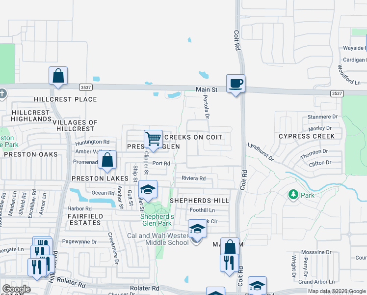 map of restaurants, bars, coffee shops, grocery stores, and more near 8416 Biscayne Street in Frisco