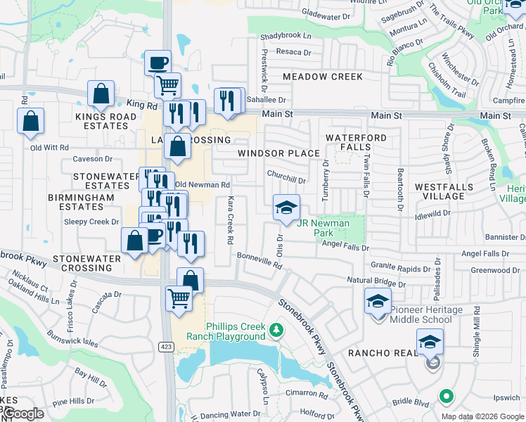 map of restaurants, bars, coffee shops, grocery stores, and more near 1001 Southampton Drive in Frisco