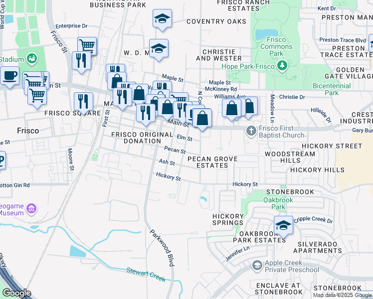 map of restaurants, bars, coffee shops, grocery stores, and more near 7210 Pecan Street in Frisco