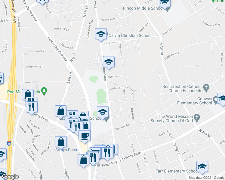 map of restaurants, bars, coffee shops, grocery stores, and more near 121 Leslie Lane in Escondido