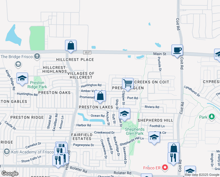 map of restaurants, bars, coffee shops, grocery stores, and more near 8404 Meadow Glade in Frisco