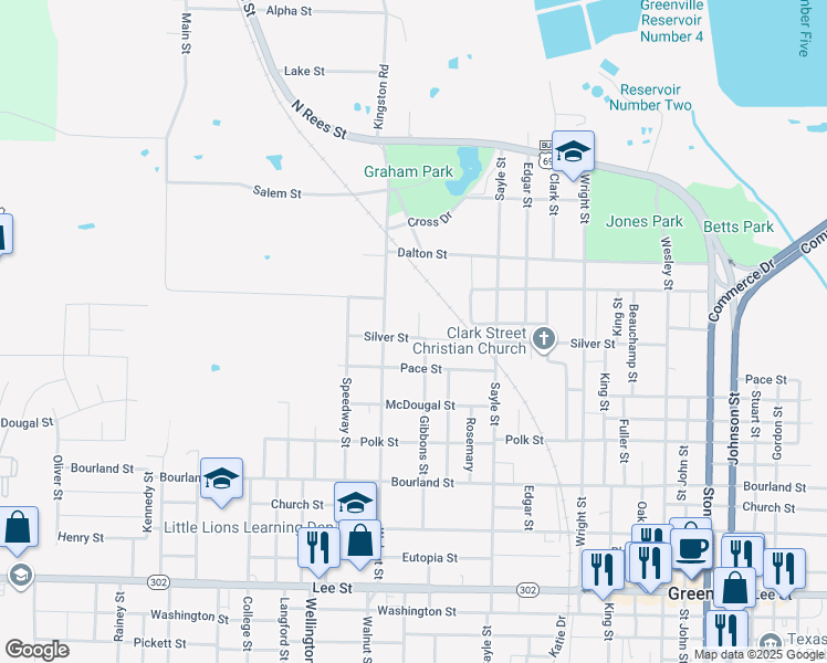 map of restaurants, bars, coffee shops, grocery stores, and more near 3802 Silver Street in Greenville