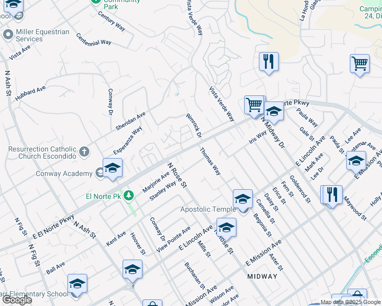 map of restaurants, bars, coffee shops, grocery stores, and more near 1669 East El Norte Parkway in Escondido