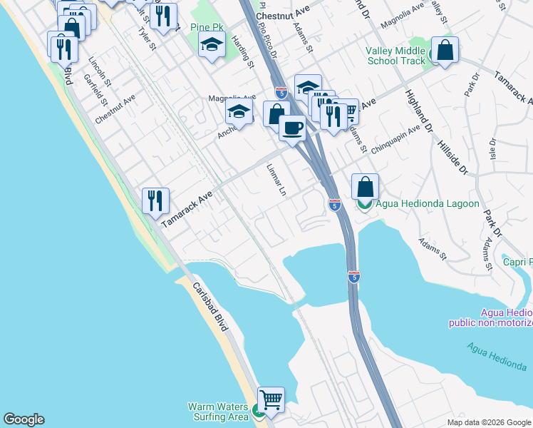 map of restaurants, bars, coffee shops, grocery stores, and more near 4009 Canario Street in Carlsbad