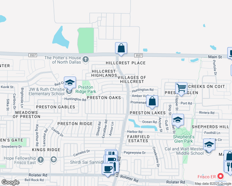 map of restaurants, bars, coffee shops, grocery stores, and more near 10909 Huntington Road in Frisco