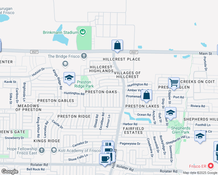 map of restaurants, bars, coffee shops, grocery stores, and more near 10817 Huntington Road in Frisco