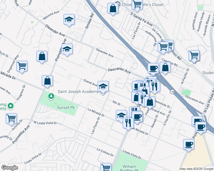 map of restaurants, bars, coffee shops, grocery stores, and more near 448 Ponte Avenue in San Marcos