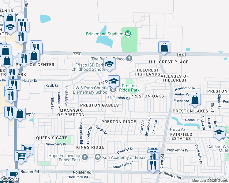map of restaurants, bars, coffee shops, grocery stores, and more near 10300 Huntington Road in Frisco