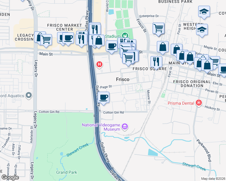 map of restaurants, bars, coffee shops, grocery stores, and more near 8455 Grace Street in Frisco