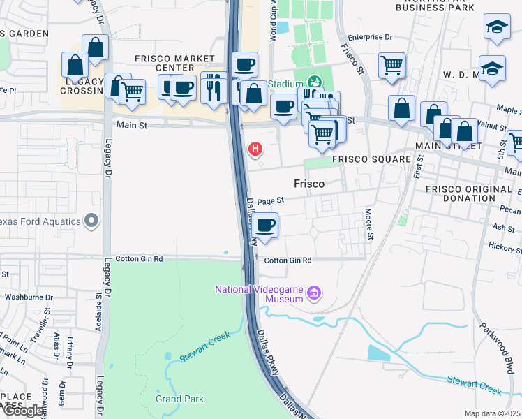 map of restaurants, bars, coffee shops, grocery stores, and more near 8350 Dallas Parkway in Frisco