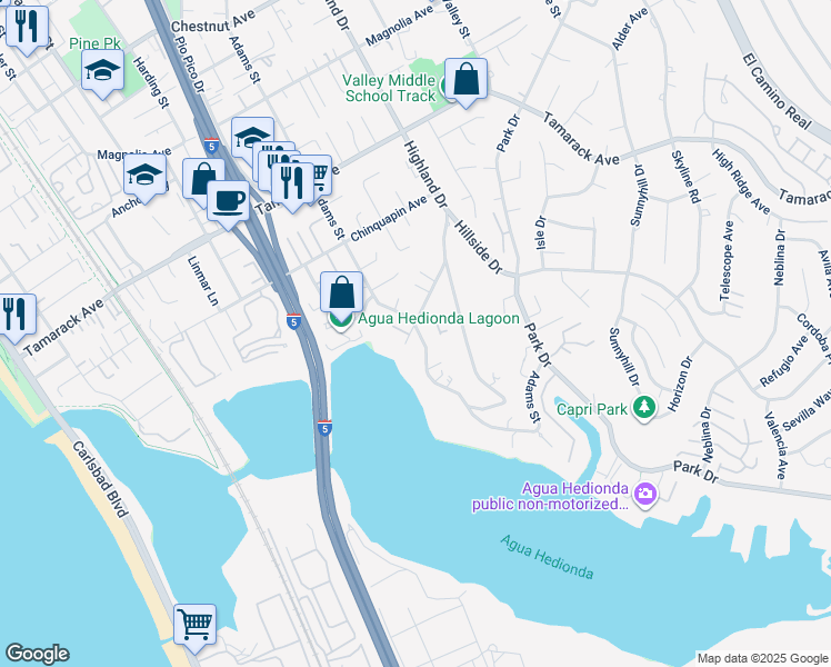 map of restaurants, bars, coffee shops, grocery stores, and more near 1095 Hoover Street in Carlsbad
