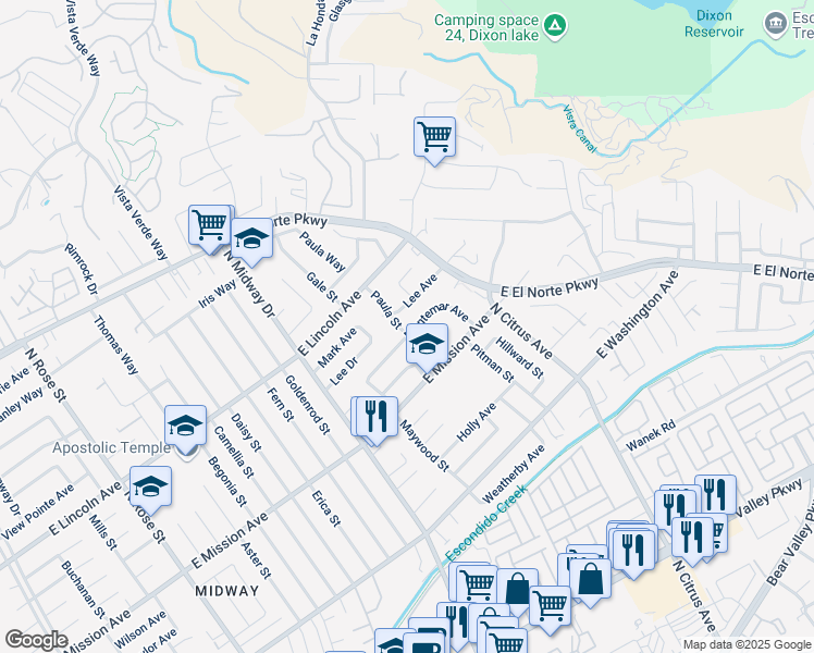 map of restaurants, bars, coffee shops, grocery stores, and more near 2215 Montemar Avenue in Escondido