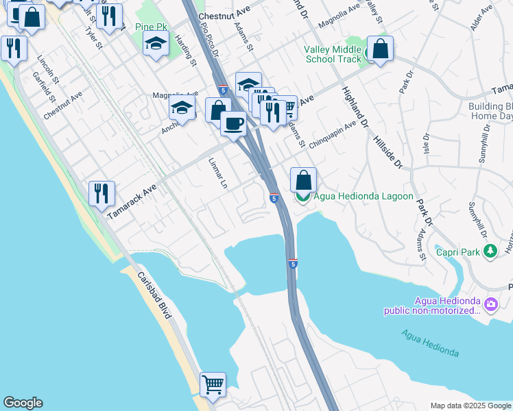 map of restaurants, bars, coffee shops, grocery stores, and more near 4020 Layang Layang Circle in Carlsbad