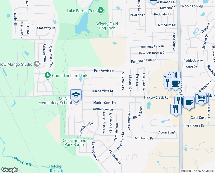 map of restaurants, bars, coffee shops, grocery stores, and more near 1604 Glendora Court in Denton
